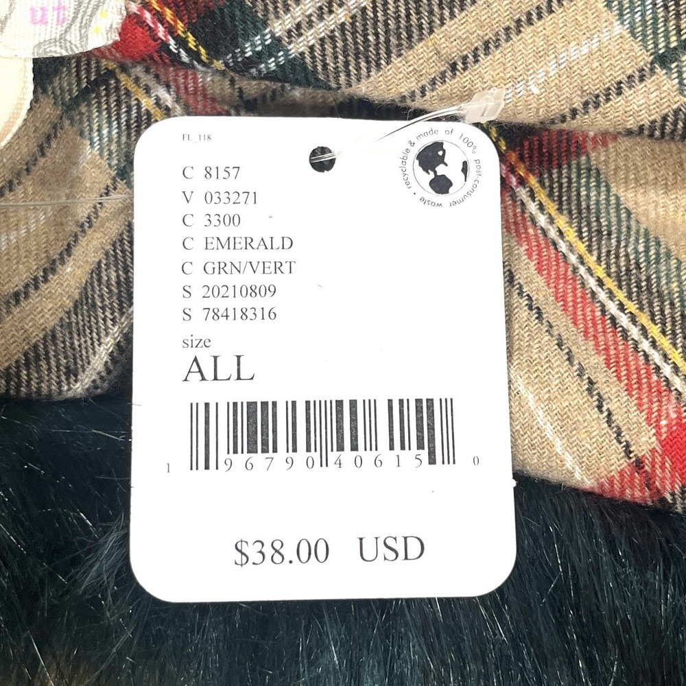 Free People Jagger Fur Collar Emerald Green Plush Stole Plaid Lining Luxe NEW - Picture 4 of 5